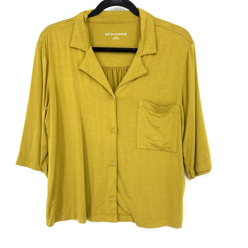 Soft Surroundings Button Front Half Sleeve Crop Top Womens Sz S Golden Yellow